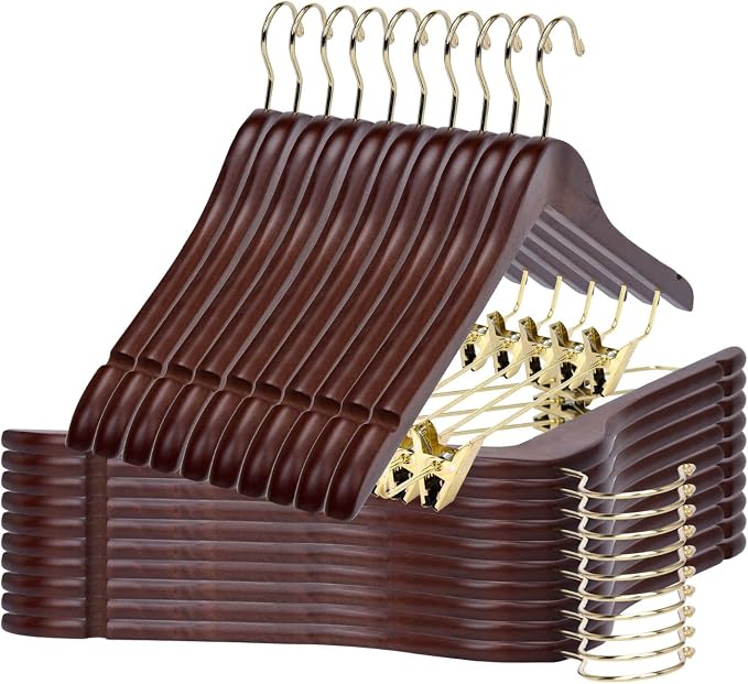 Quality Wooden Skirt Hangers with Clips - 20 Pack Walnut Pants Hangers with Adjustable Gold Metal Clips, Swivel Hook for Coats, Jackets, Blouses, Suits by QualityHangers