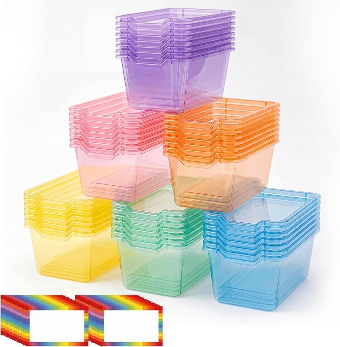 Funrous 48 Pack Plastic Cubby Bins for Classroom, Stackable Storage Bins with Rainbow Labels and Handles Cubby Organizer Containers for Teacher Supplies Home Office Daycare and Playroom (Pastel) by Funrous