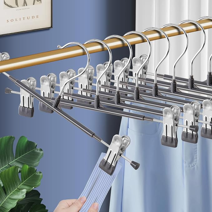 Pants Skirt Hangers with Clips, 20 Pack, Gray, 12 Inch | Non-Slip,Adjustable metal wide clips,Space-Saving,Heavy duty, for pants/skirt/dress/trousers/jeans/shorts/leggings,Women by HWAJANClothesOrganizer