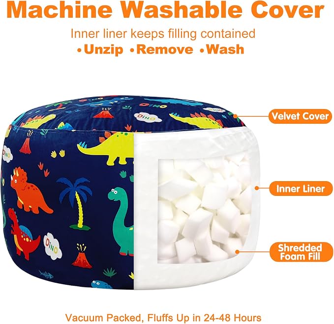 Lukeight Dinosaur Bean Bag Chair for Kids Teens Adults, Memory Foam Filled Floor Lounger, Washable Velvet Cover with Inner Liner, Beanbag Chair with Filling for Gaming and Reading, X-Large 30"D x 18"H - Image 3