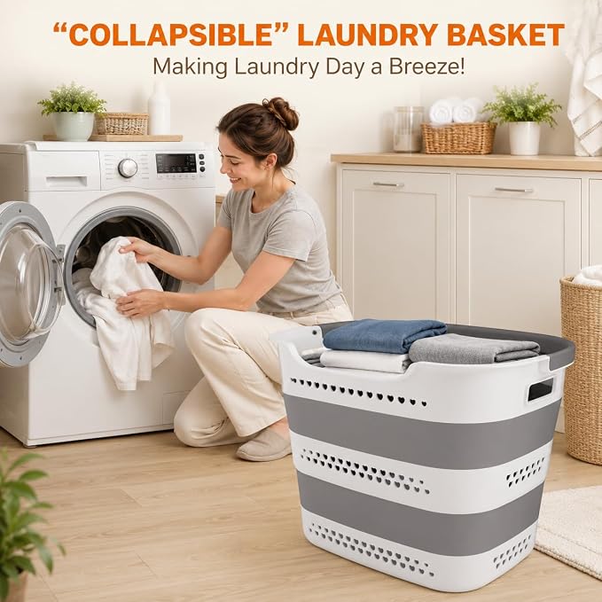 2 Pack Collapsible Laundry Basket, 42L Foldable Laundry Hamper with Comfort Handles, Upgraded Heavy-Duty Plastic Basket for Laundry, Space Saving Clothes Container for Dorm, Apartment & RV (Grey) - Image 2