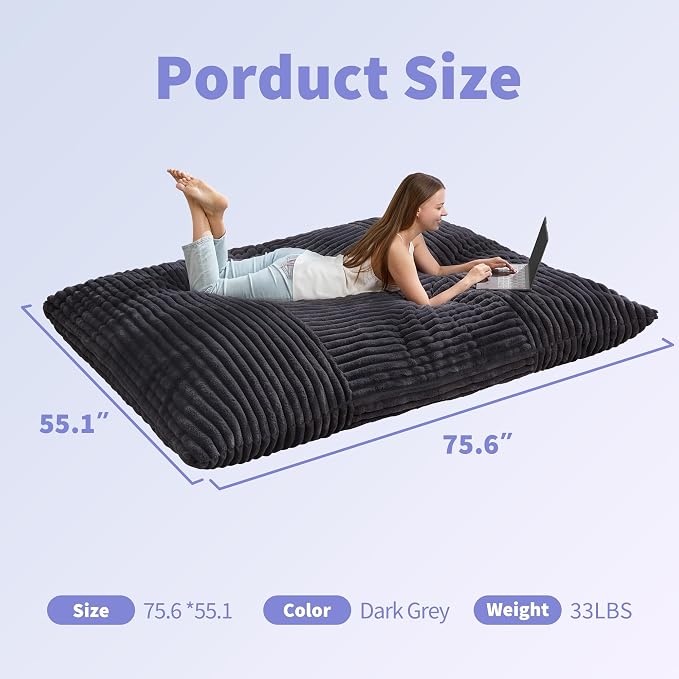 Hobestluk Adult Bean Bag Chair 3 in 1 Convertible Large Bean Bag Sofa | Striped Dark GreyMachine Washable,Removable Cover,Easy Convert And Install, Oversied Floor Bed,For Livingroom Bedroom - Image 2