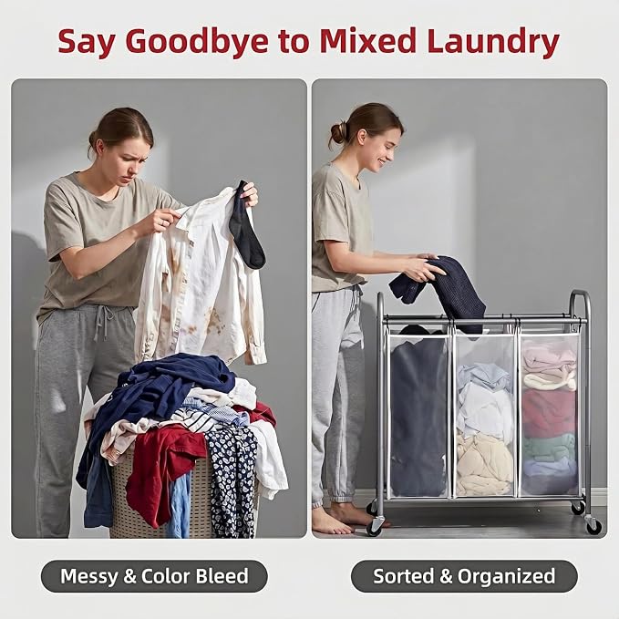 ROMOON Laundry Sorter Hamper 3 Section, Divided Laundry Basket Organizer | Rolling Clothes Hamper with Heavy Duty Lockable Wheels and Removable Bags for Apartment, Dorm & Family, 135L, Neutral Gray - Image 7