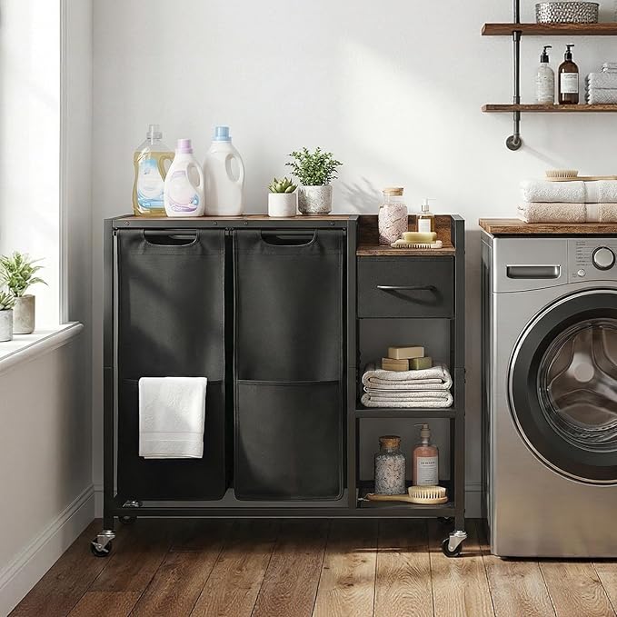 HOOBRO 2 Section Laundry Sorter with Shelf, 24 Gal. (90.8 L) Laundry Hamper with Wheels, Rolling Laundry Basket with Fabric Drawer, 3-Tier Shelves, Side Pockets, Black and Rustic Brown BF27XY01 - Image 3