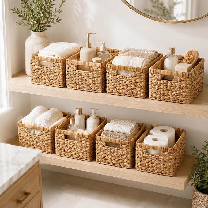 Water Hyacinth Wicker Storage Baskets for Shelves, Set of 4 | Shelf Baskets, Basket with Handle, for Pantry, Kitchen, Bathroom, Closet Storage, 13x8.25x7in - Image 7