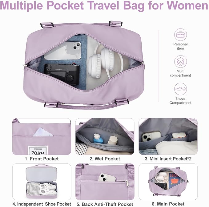 Large Weekender Bags for Women, Travel Duffel Bags with Shoe Compartment,Personal Item Travel Carry on Overnight bag for women Travel Set,Purple - Image 4