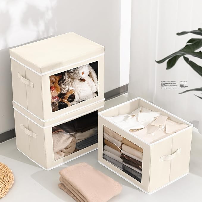 Fabric Storage Bins with Lids, Decorative Storage Boxes, Closet Storage Bins with Window, Storage Baskets for Closet, Closet Organizers for Towel, Clothes, Beige, 4-Pack - Image 3