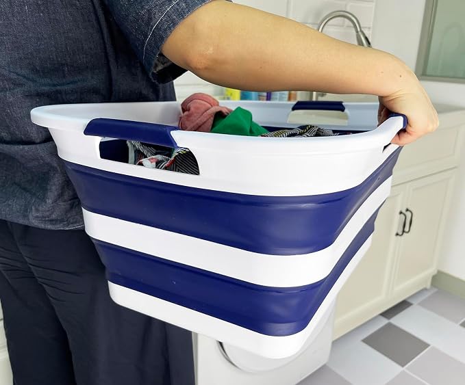 SAMMART 42 (11 Gallons) Collapsible Plastic Laundry Basket, Foldable Pop Up Storage Container/Organizer, Space Saving Hamper, Portable Bin for Dorm Room Bathroom (2, White/Starry Blue) - Image 7