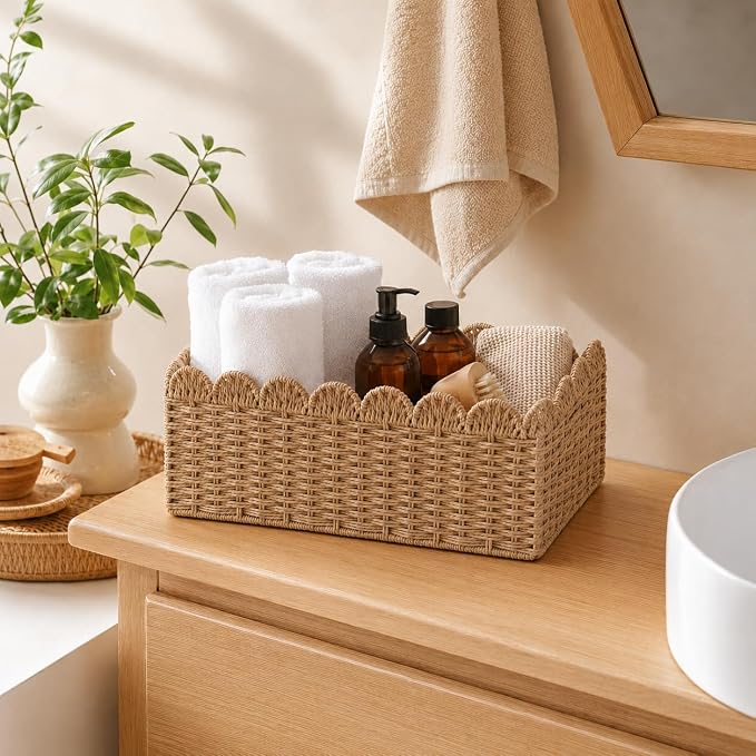2 Pack Foldable Scalloped Basket, Handwoven Wicker Storage Baskets for Shelves Books Toys Towels, 14" L x 10.5" W x 6" H Natural Paper Rope Rattan Baskets for Organizing Boho Farmhouse Home Decor - Image 9