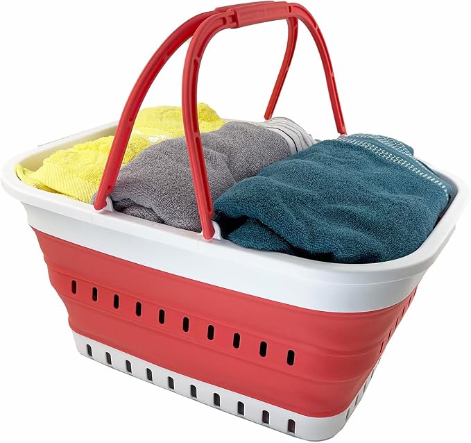 SAMMART 26L (6.8 Gallons) Collapsible Plastic Laundry Basket with Handle-Foldable Pop Up Storage Basket with handle (White/Coral Pink) - Image 5