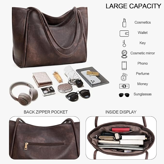 GAEKEAO Tote Bag for Women Vegan Leather Zipper Shoulder Bags Travel Purses | Large Capacity Purse Handbags, Inner Pocket with Key Clip, Fits 14" Laptop, for Casual Work Dating Commute Daily Weekender - Image 4