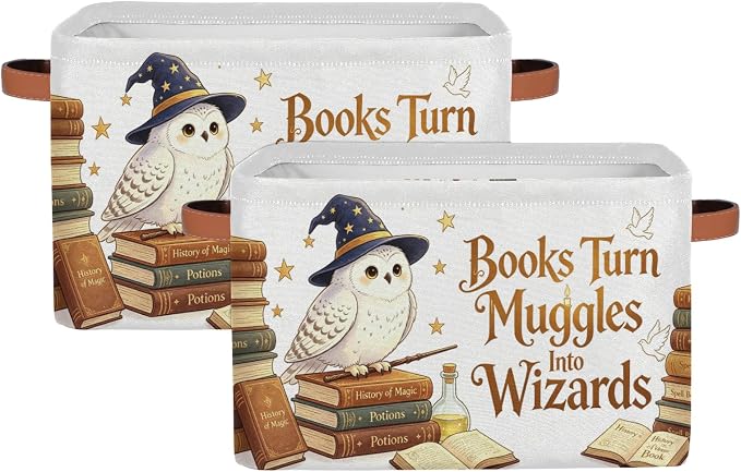 Magic Nursery Decor Baby Basket Large Blue Hat Wand Basket Owl Kid Gift Collapsible Book Shelf Clothes Rectangle Toy Bin 15"x11"x9.5" Set of 2 by Bardic