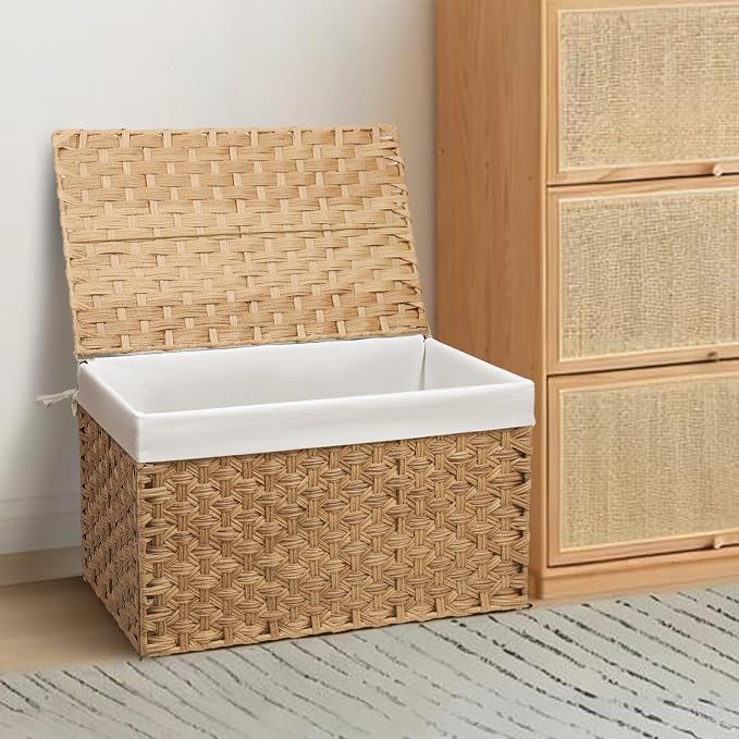 Wicker Storage Basket with Lid, 17.2 Gallon (65L) Small Blanket Basket with Lid, Woven Storage Bin with Handles, Removable Liner, Metal Frame, Foldable, for Bedroom, Laundry Room, Natural - Image 5
