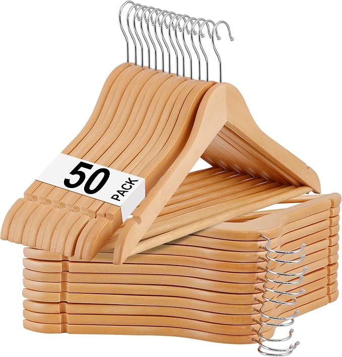 JupiterForce Wooden Clothes Hangers 50 Pack, Non-Slip Wood Hangers with 360° Swivel Hook & Shoulder Grooves, Coat Hanger for Suits, Coats, Shirts, Pants, Jackets and Dress(Natural) by JupiterForce