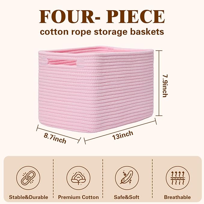 Storage Baskets for Organizing, 4 Pack Baskets for Shelves, Decorative Storage Bins for Shelves, Cotton Rope Storage Basket with Handles, Woven Basket for Storage, 13''Lx8.7''Wx7.9''H, Pink - Image 3
