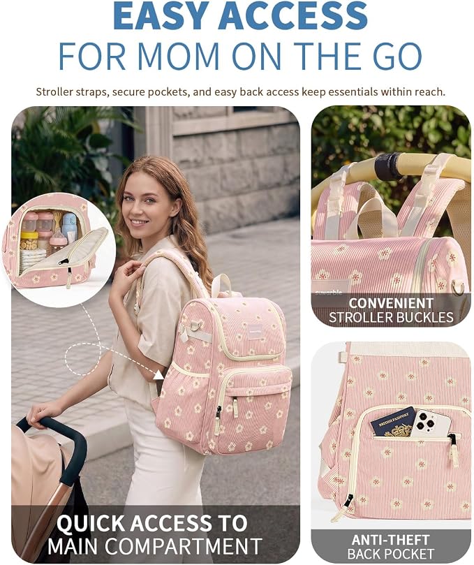 Large Corduroy Diaper Bag Backpack for Mom, 25L Baby Travel Bag with Insulated Bottle Pockets, 40oz Side Strap & Stroller-Ready Straps - Image 5