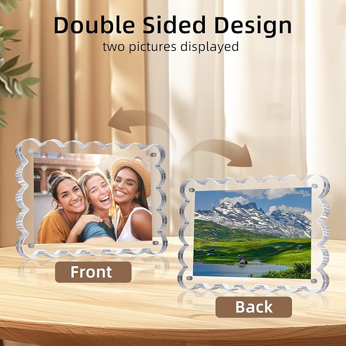 Chivalral 3 Pack 4x6 Acrylic Picture Frame, Double-Sided Tabletop Display | Scalloped Edge Design,10+10mmThick,Magnetic Photo Frames,Horizontal/Vertical,Gift for Birthday Wedding Anniversary,Home decor - Image 5