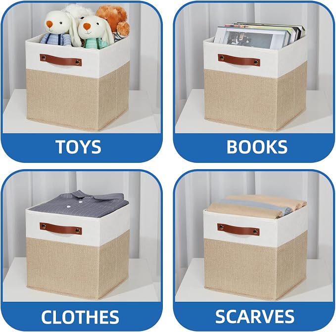 Temary Fabric Storage Cubes Bins, 11 inch Cube Storage Baskets, Foldable Cube Bins Set with Handles, Decorative Storage Boxes for Home Organizing (White & Khaki, 11 x 11 x 11) - Image 4