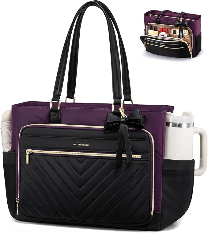 LOVEVOOK Laptop Tote Bag for Women, Work Bag Teacher Tote with Large Cup Holder, Quilted Nurse Diaper Bag for Travel, Computer Women's handbags for Teacher gift, Black-Purple, 17.3 Inch by LOVEVOOK