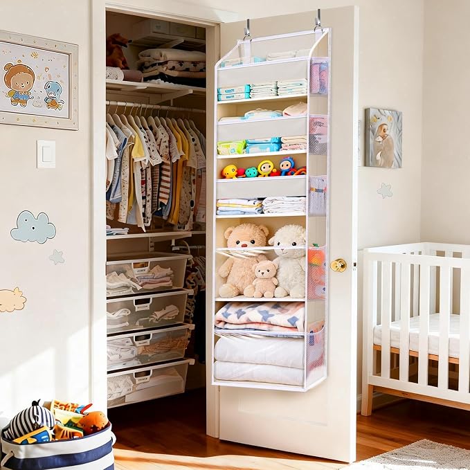5 Tiers Over the Door Organizer with 10 Mesh Side Pockets, 44 lbs Weight Capacity Closet Hanging Storage Organizer with Large Clear Window Kids Toys, Shoes, Diapers, Beige，2 Pack - Image 5