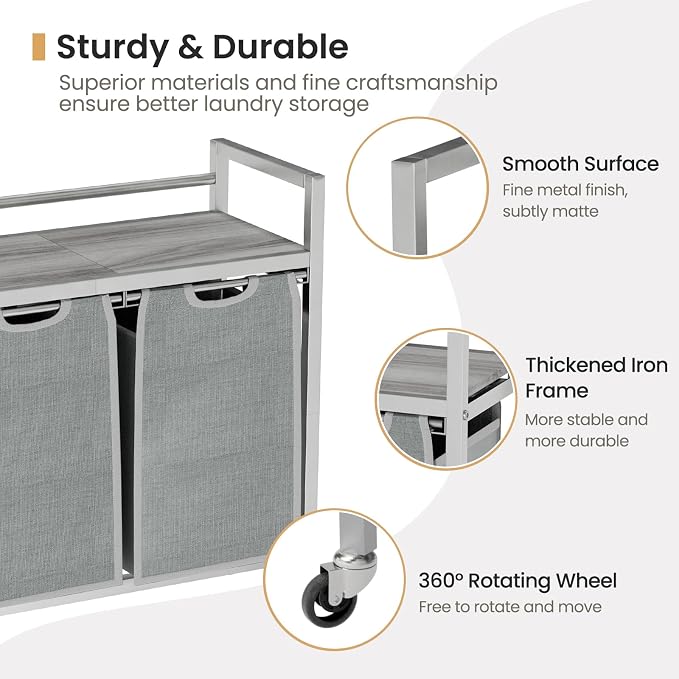 SwaaVee Laundry Sorter, Laundry Hamper with Wooden Top Shelf, 2×14.5Gal(110L), Metal Frame laundry basket with wheels, Pull out and Removable Laundry Bags, 2 Bags-Gray - Image 4