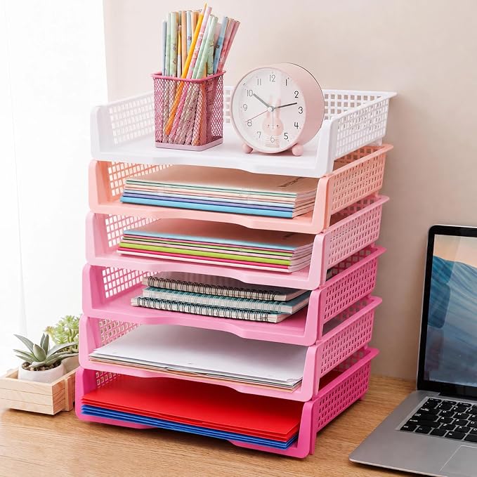 Teenyyou Set of 12 Colorful Turn in Trays Classroom Plastic Stackable Paper Tray Classroom Teachers Desk Organizer Bin for Office Home Teachers Organization and Storage, 9 x 13 x 3 Inches (Pink) - Image 3
