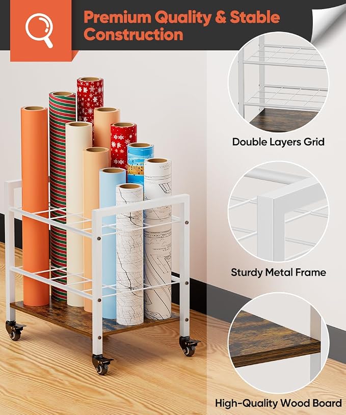 Blueprint Storage Rack Cart, 15 Slots Metal Rolling File Holder with Wheels & Adjustable Pads, Mobile Gift Wrapping Paper Organizer for Maps/Posters/Architectural Construction Plans, White - Image 5