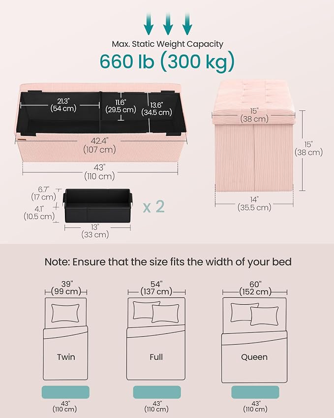 SONGMICS MAZIE Collection - Storage Ottoman Bench, Foldable Foot Rest, 15 x 43 x 15 Inches, End of Bed Bench, Storage Chest, Load 660 lb, Living Room, Bedroom, Entryway, Jelly Pink ULSF604R01 - Image 2