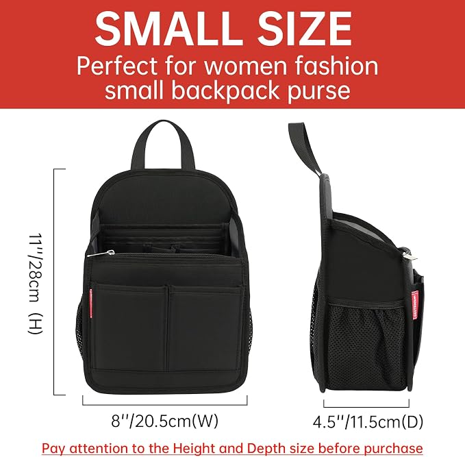 Mini Premium Rugged Backpack Purse Organizer Insert for Women Fashion Small Backpack-19 Pockets,Padded Water-repellent Nylon-Black - Image 2