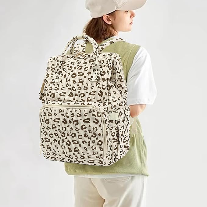 Corduroy Diaper Bag Backpack for Baby Girls Boys, Women Large Nappy Bags for Mom (Beige Corduroy Leopard) - Image 2