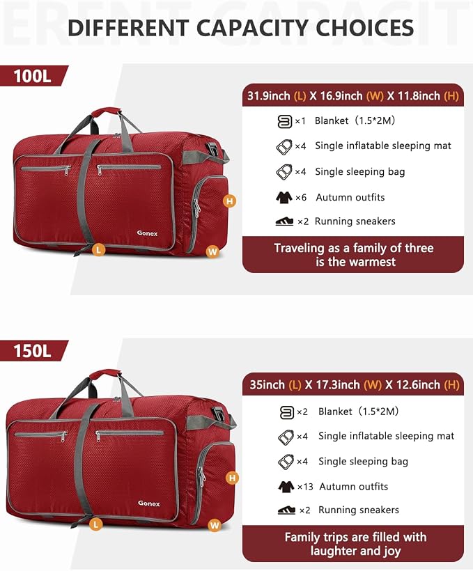 Gonex 80L Foldable Travel Duffle Bag with Shoe Compartment, Lightweight | 210D Nylon, Water-Repellent, Folds Compact, Multiple Pockets, Luggage Sleeve, Weekend Trips & Camping, Red - Image 6