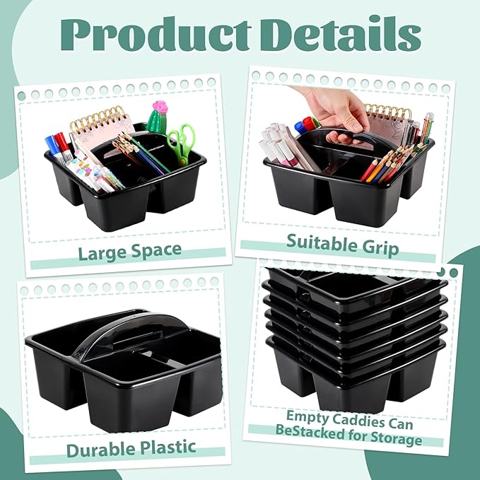 6 Pack Classroom Caddy with Handle Plastic Storage Caddy Organizer with 3 Compartments Desk Caddies Holder Portable Storage Bin for Pencil, Crayon, Marker, Home, Office, School Supplies(Black) - Image 3