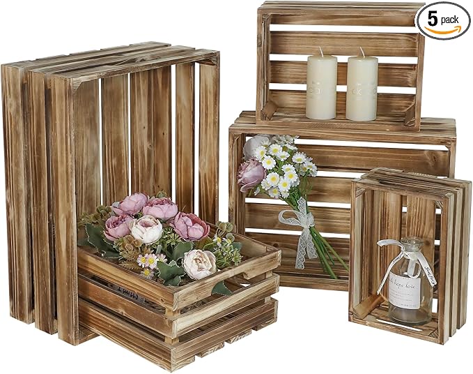 Set of 5 Large Wooden Crates, Nesting Storage Crate with Handles, Rustic Torched Brown Farmhouse Wooden Crates for Display, Wedding Birthday Home Party Living Room Kitchen Decoration by JUMBOHUMBLE