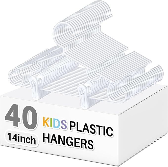 Hsei 40 Pcs 14 in Baby Youth Kids Clothes Hangers with 80 Clips for Pants Non-Slip Toddler Plastic Hangers for Child Aged 7-12 Years, Space Saving Design with Shoulder Notches for Trousers Tops Jeans by Hsei
