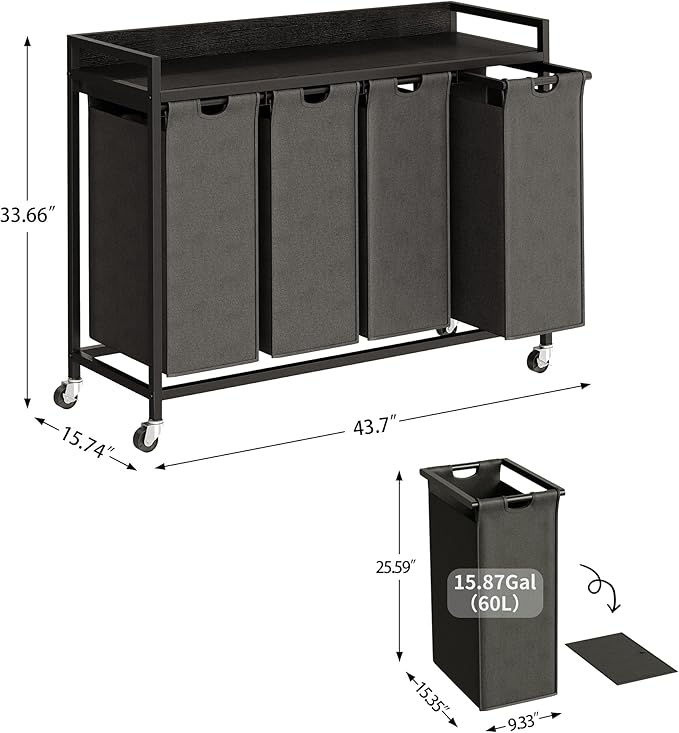 Herture Laundry Hamper with Shelf, Laundry Basket 4 Section, Laundry Sorter with Pull-Out Removable Large Bags and Movable Wheels, Metal Frame, 4 x 15.87 Gallons (60L), Black and Gray PF07XLB - Image 4