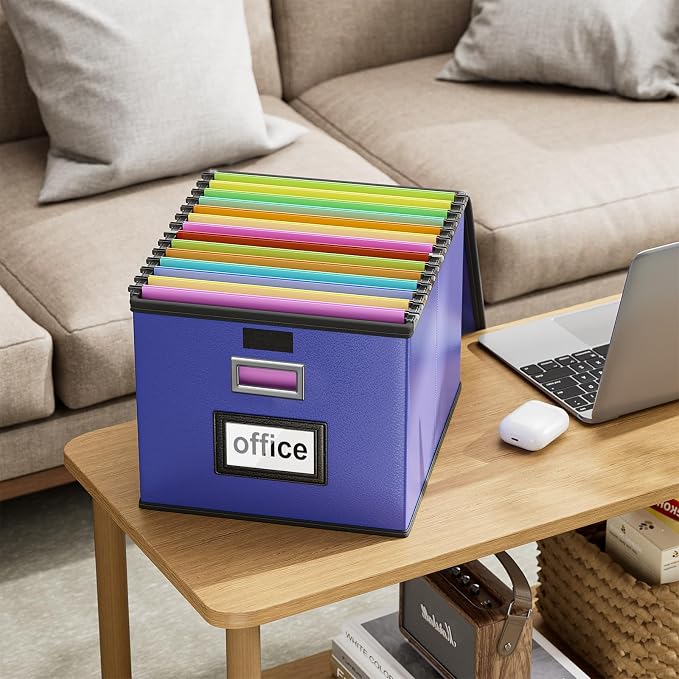 File Organizer Box with Lids, Collapsible File Folder Organizer | File Box with Plastic Slides for Document, Filing Bin for Letter Size Hanging File Folders (1 Pack, Navy Blue, Leather) - Image 9