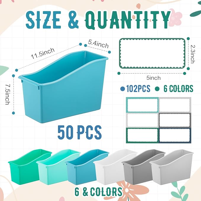 Geetery 50 Pcs Book Bin for Classroom with Labels Stackable Plastic Organizing Bins 11.5 x 5.4 x 7.5 in Book Holders Storage Bins Box Baskets for Classroom Library Home (Morandi Color) - Image 2