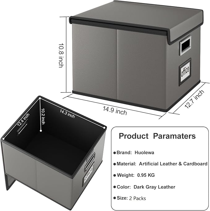 File Organizer Box with Lids, Collapsible File Folder Organizer | File Box with Plastic Slides for Document, Filing Bin for Letter Size Hanging File Folders (2 Pack, Dark Gray, Leather) - Image 6