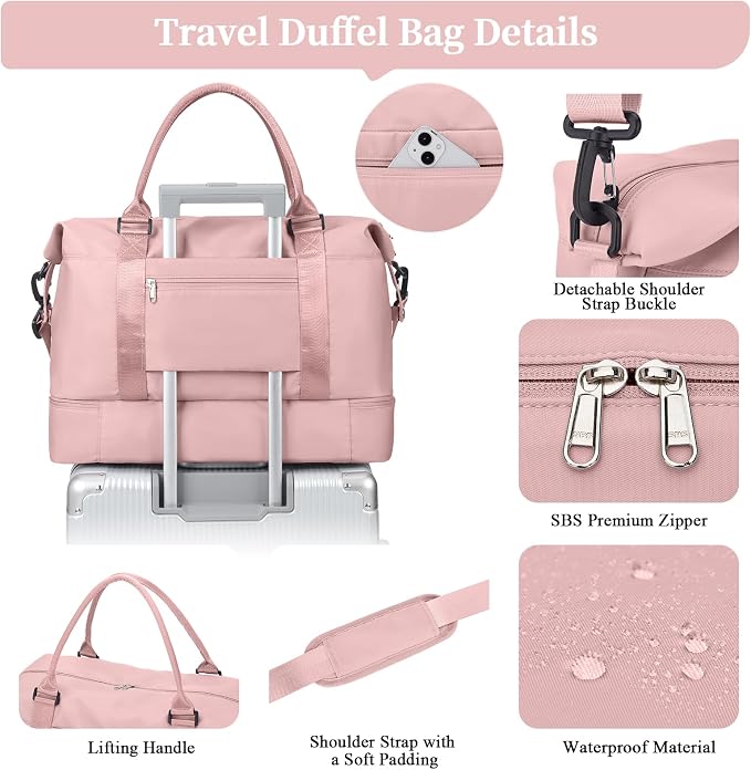 Travel Duffle Bag with Shoe Compartment,Weekender Bags for Women | Carry on Overnight Bag with Toiletry Bag,Gym Duffel Bag with Wet Pocket - Image 6