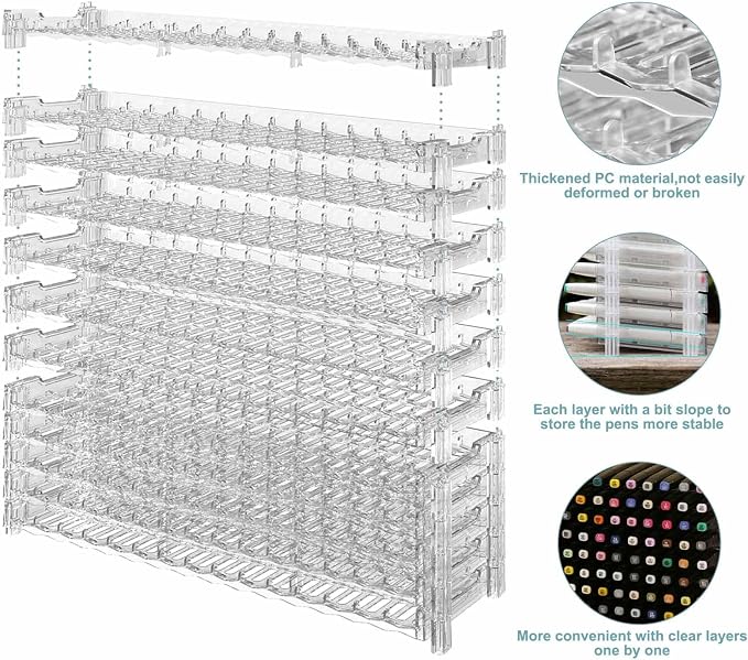 12 Layers Universal Marker Storage Trays, Penholder Display for 180 Pens SN01C Pencil Organizer Holder for Desk (Clear-12 layers) - Image 3