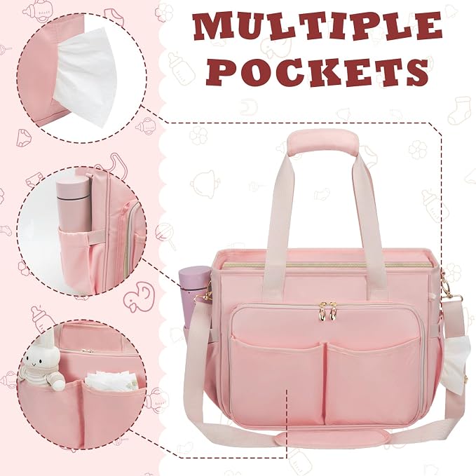 GDNasist Diaper Bag Tote, Large Travel Hospital Bag for Labor Delivery | Baby Bag with Pacifier Case, Large Capacity Travel Diaper Case with Changing Pad & Stroller Clips - Image 7