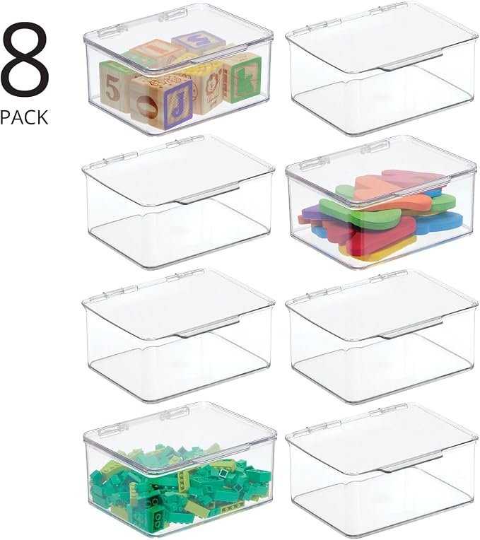 mDesign Plastic Playroom and Gaming Storage Organizer Box Containers with Hinged Lid for Shelves or Cubbies, Holds Small Toys, Building Blocks, Puzzles, Markers, Controllers, or Crayons, 8 Pack, Clear - Image 2