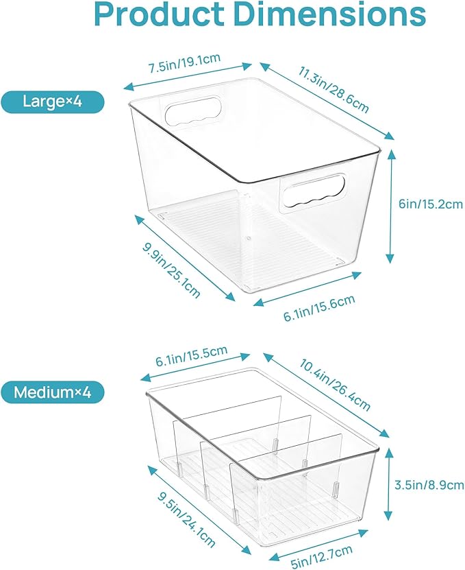 Vtopmart 8 Pack Clear Storage Bins Set for Pantry Organizer | 4 Large Pantry Bins with Handle and 4 Medium Snack Organizer Bins with 4-Compartment for Pantry, Kitchen, Fridge, Cabinet - Image 2