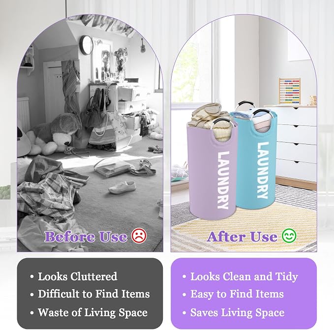 Set of 2 Collapsible Laundry Baskets with Handles, 95L Big Laundry Hampers for Bedroom, Waterproof Clothes Baskets, Independent Dirty Clothes Hamper for Travel, Nursery, Purple/Blue - Image 4