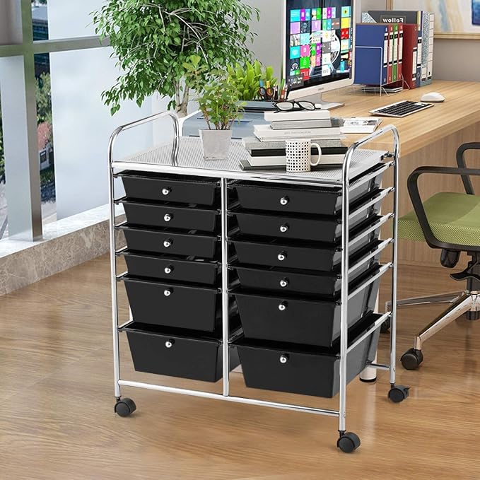 Giantex 12 Drawer Rolling Storage Cart Tools Scrapbook Paper Office School Organizer (Black) - Image 4