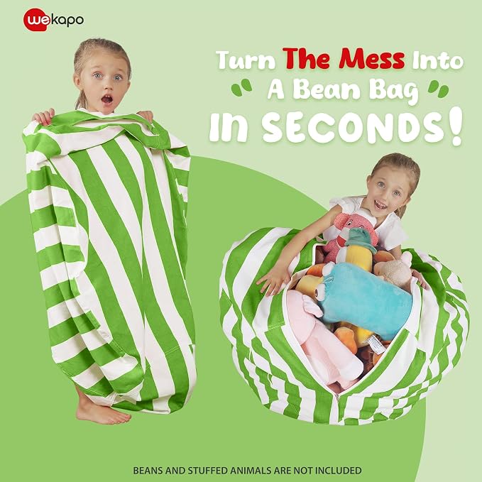 WEKAPO Stuffed Animal Storage Bean Bag Chair Cover for Kids | Stuffable Zipper Beanbag for Organizing Children Plush Toys Large Premium Cotton Canvas (Green, X-Large) - Image 2