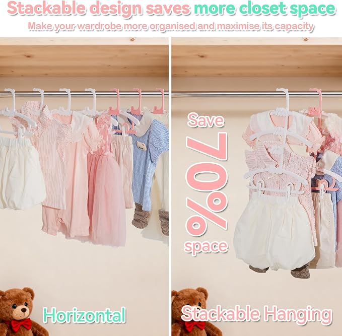 80 Pack Baby Hangers,with 55 Detachable Clips Adjustable 11.14"-15.55", Stackable Kids Closet Hangers, Two Bottom Grooves for Secure Clip Placement.Fits Newborns,Toddlers, Children & Teens(White) - Image 7