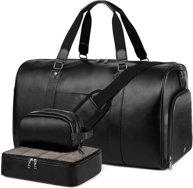 Large 3-in-1 Leather Duffle Bag for Travel Weekender Overnight Hospital Gym Bag for Men & Women, Carry On Airline Approved Personal Item Duffel Garment Bag Luggage with Shoe Compartment & Toiletry Bag by Unknown