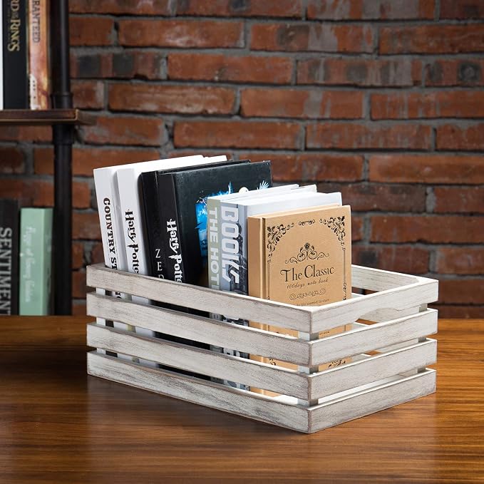 MyGift 16 and 14 Inch Shabby White Washed Solid Wood Nesting Decorative Storage Crates, Vintage Farmhouse Wooden Stackable Open Top Bin Boxes, 2 Piece Set - Image 3