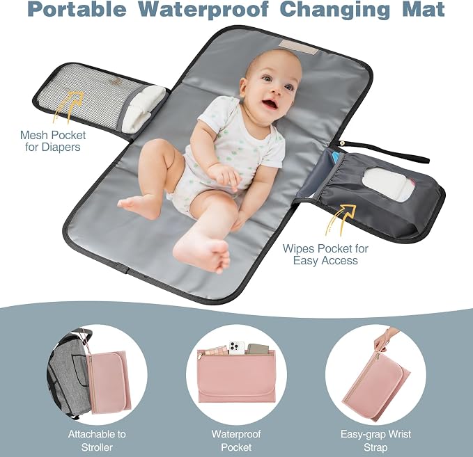 Diaper Bag Backpack, Quilted Baby Bag with Changing Pad & Stroller Straps & Pacifier Case, Large Travel Diaper Bags for Mom Dad, Pink Grey - Image 2